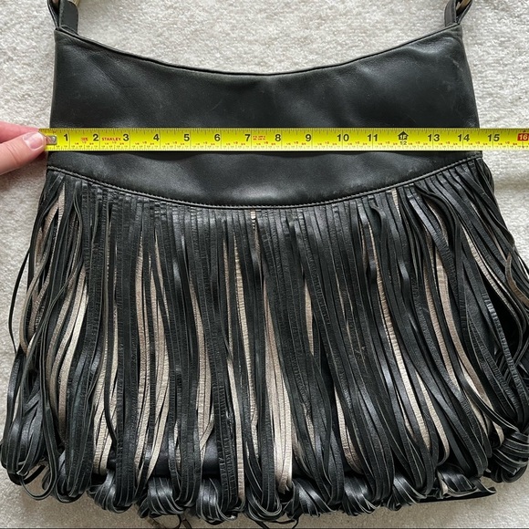 KATHERINE KWEI Black Leather And Metallic Fringe Hobo Purse Trendy Chic - Picture 8 of 11